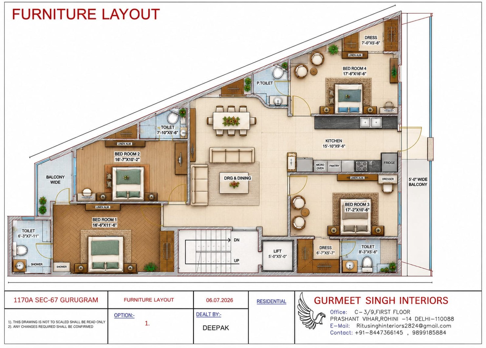 4 BHK floor plan of the Ansals Essencia C-Block builder floor showing four bedrooms, drawing dining, kitchen and balconies