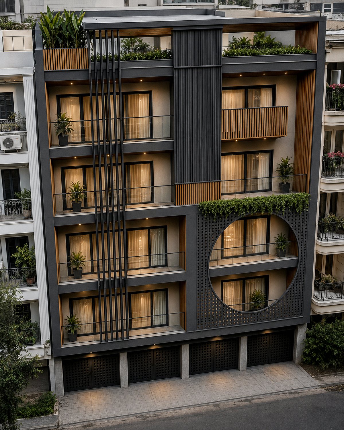 Building facade side view with neighbouring context