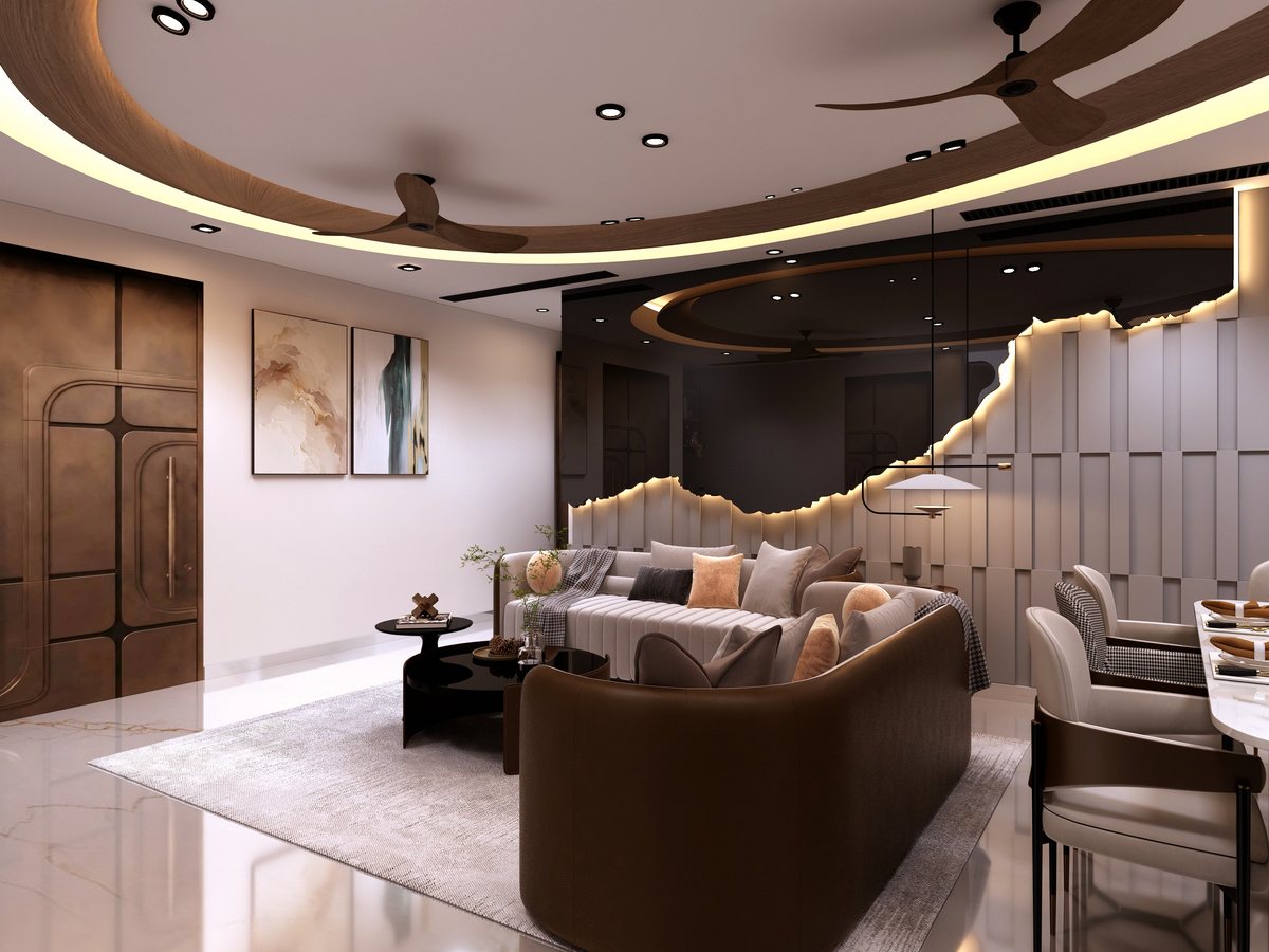 Drawing room with designer chandelier and cove lighting