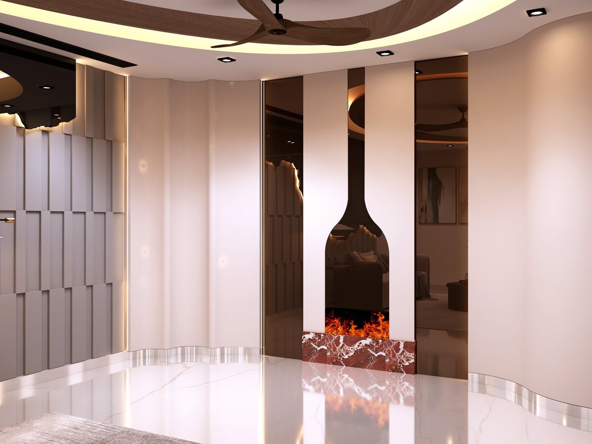 Living area with statement fireplace feature