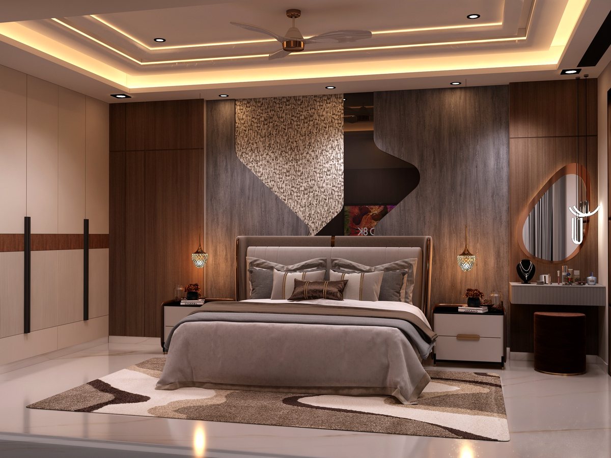 Bedroom one headboard wall with dressing unit