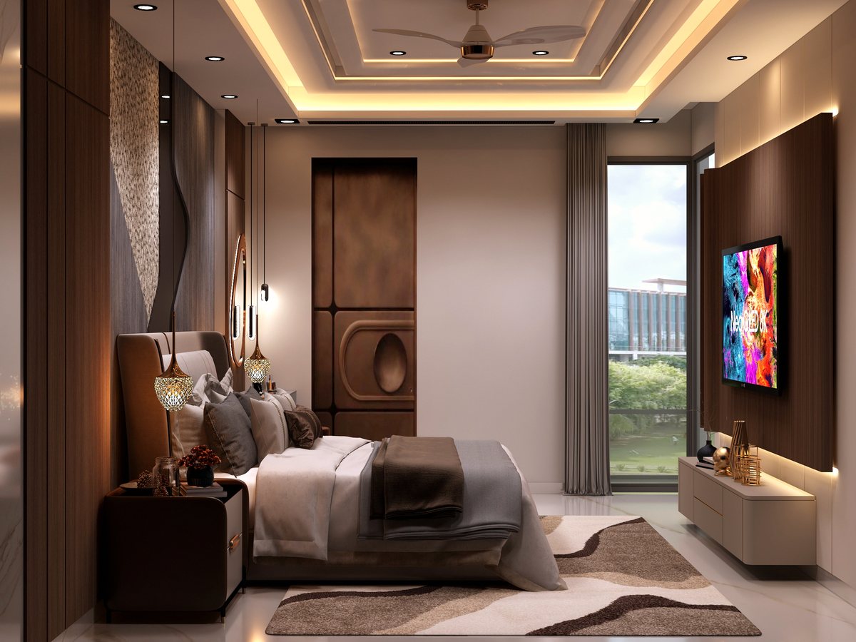 Bedroom one with balcony and TV feature wall