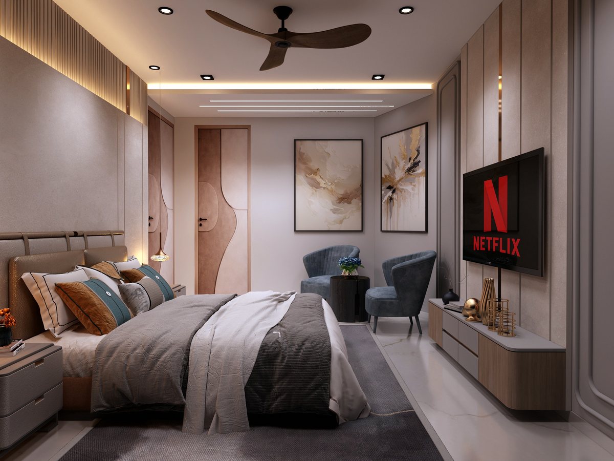Master bedroom with upholstered headboard and wardrobe