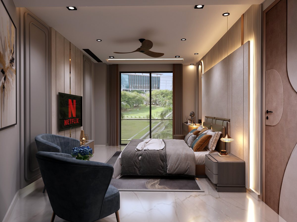 Master bedroom with floor-to-ceiling windows