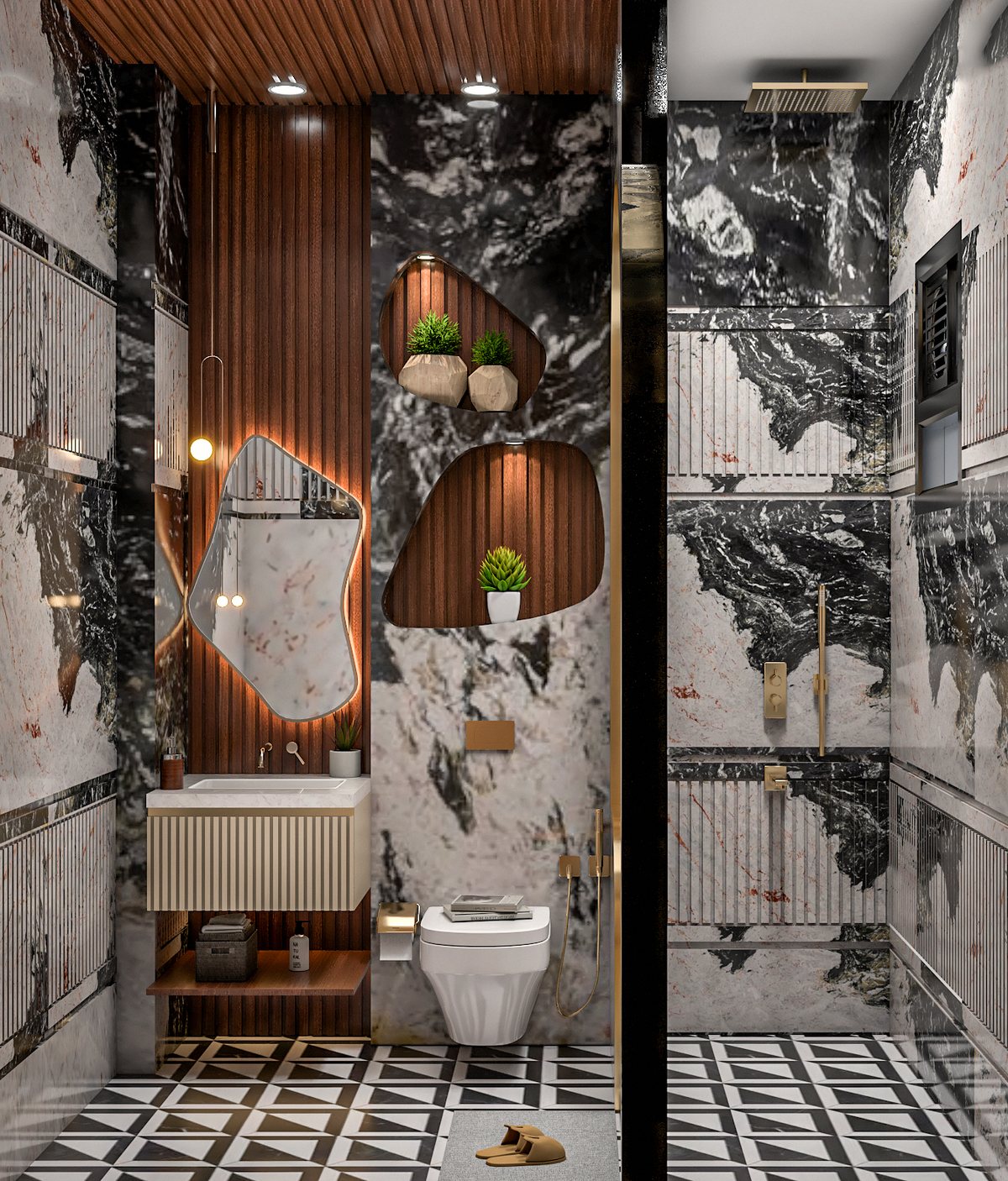 Bathroom one with fluted vanity and niche