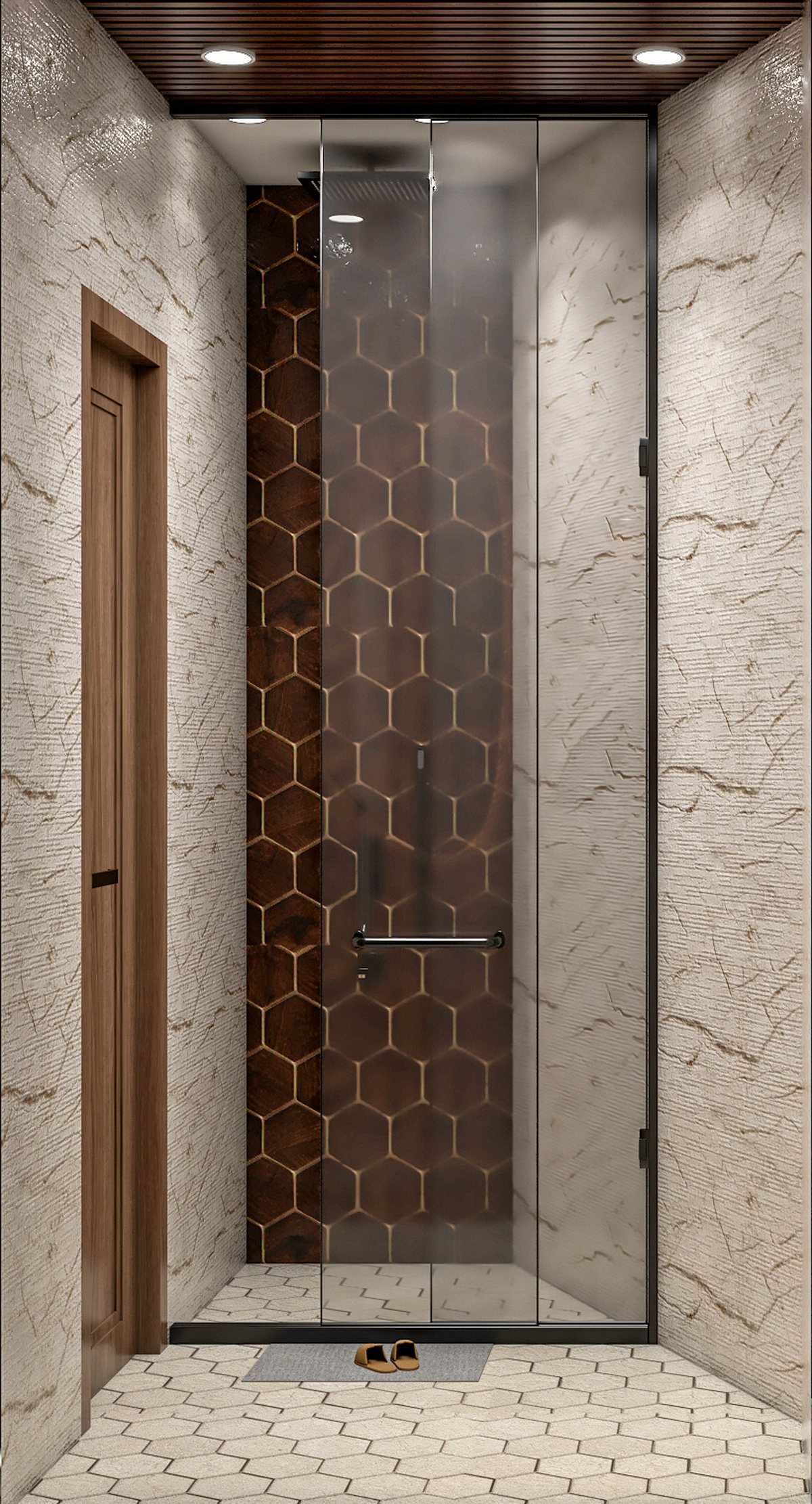Bathroom two shower with hex tile